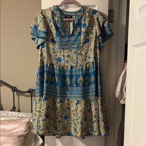 Blue and Yellow Embellished Midi Sundress with Flutter Sleeves